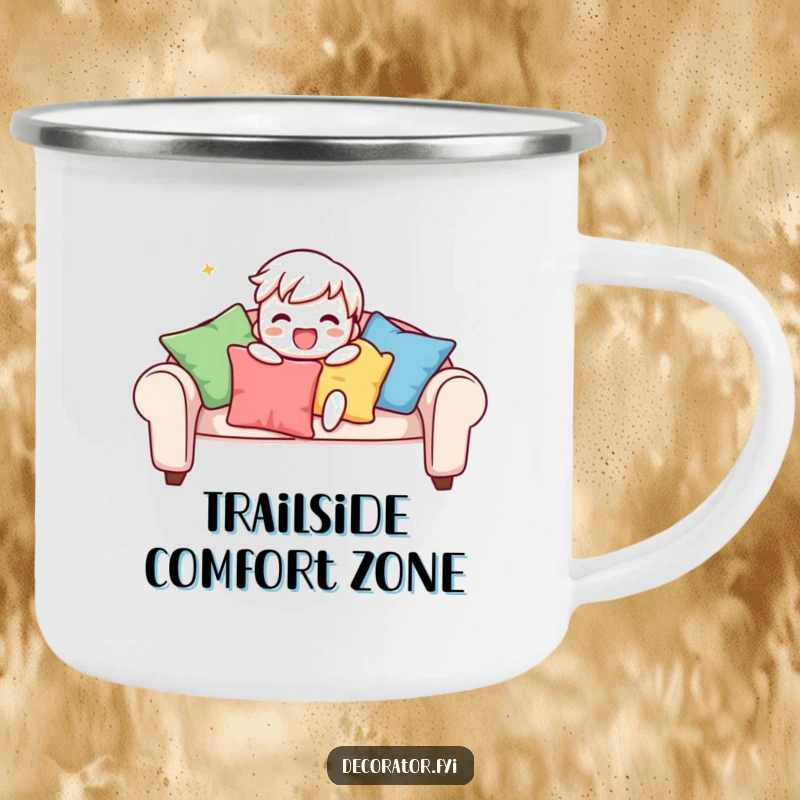 Funny camping mug illustrating a playful character gleefully arranging colourful cushions on a sofa, perfect for campfire coziness and style humor.