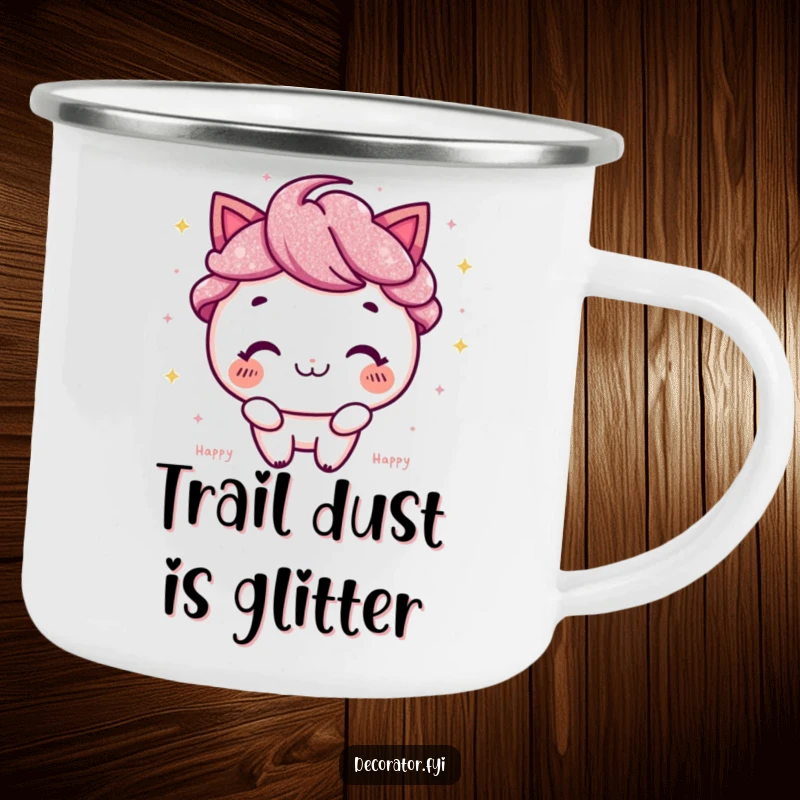 Funny Camping Mug: Character joyfully sprinkling glitter, perfect for adding fun to outdoor trips.