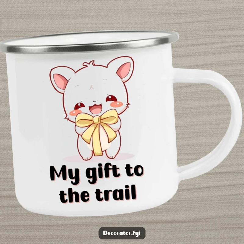 Funny Camping Mug: Character joyfully unwrapping a gift, ideal for outdoor enthusiasts.