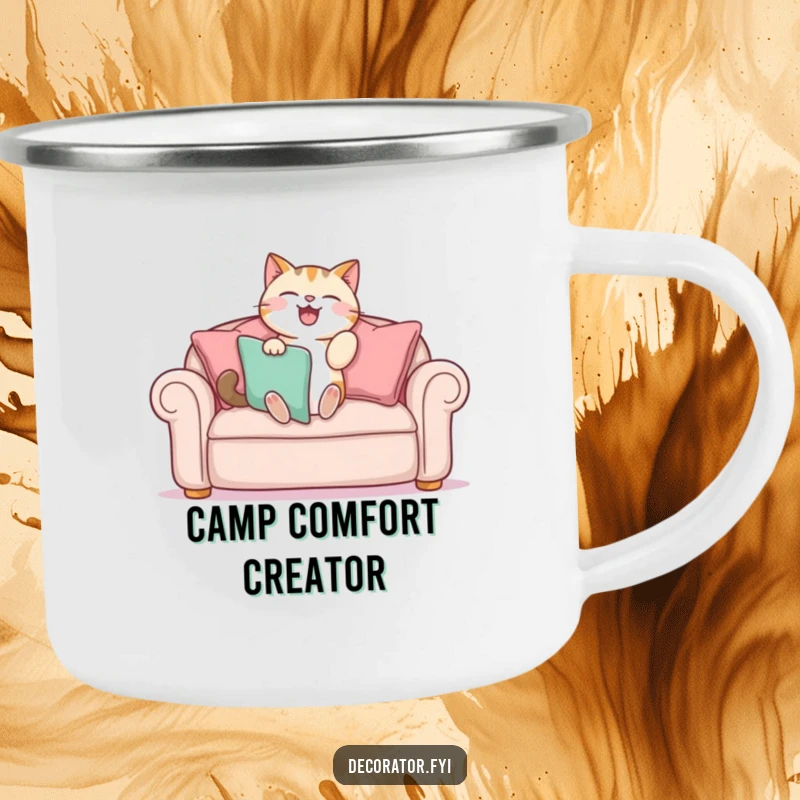 Funny camping mug featuring a cat gleefully arranging sofa cushions, ideal for outdoor enthusiasts who enjoy humor and cozy vibes.
