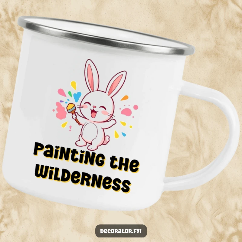 Funny camping mug with a cute bunny character excitedly painting a wall with vibrant colors, perfect for outdoor artists.