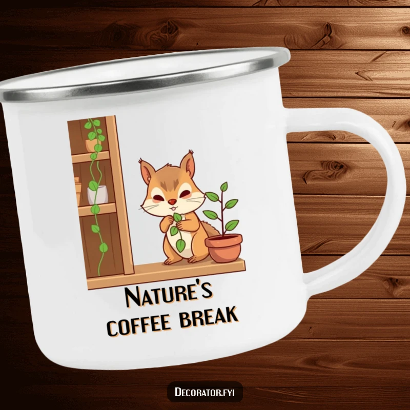 Funny camping mug with a determined squirrel character placing a plant on a shelf, perfect for outdoor growing inspiration.