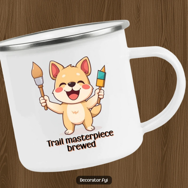 Funny dog camping mug with a delighted dog painter holding a paintbrush, perfect for enjoying beverages during outdoor creative sessions.