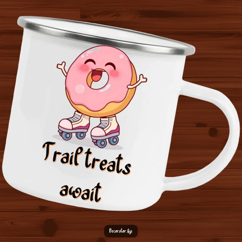 Funny camping mug with a laughing donut wobbling while putting on oversized roller skates. Outdoor adventure humor.