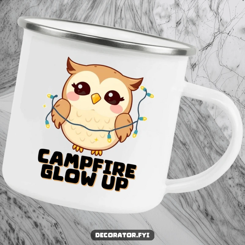 Funny camping mug featuring a giggling owl character joyfully draping twinkling lights, perfect for rugged humor.