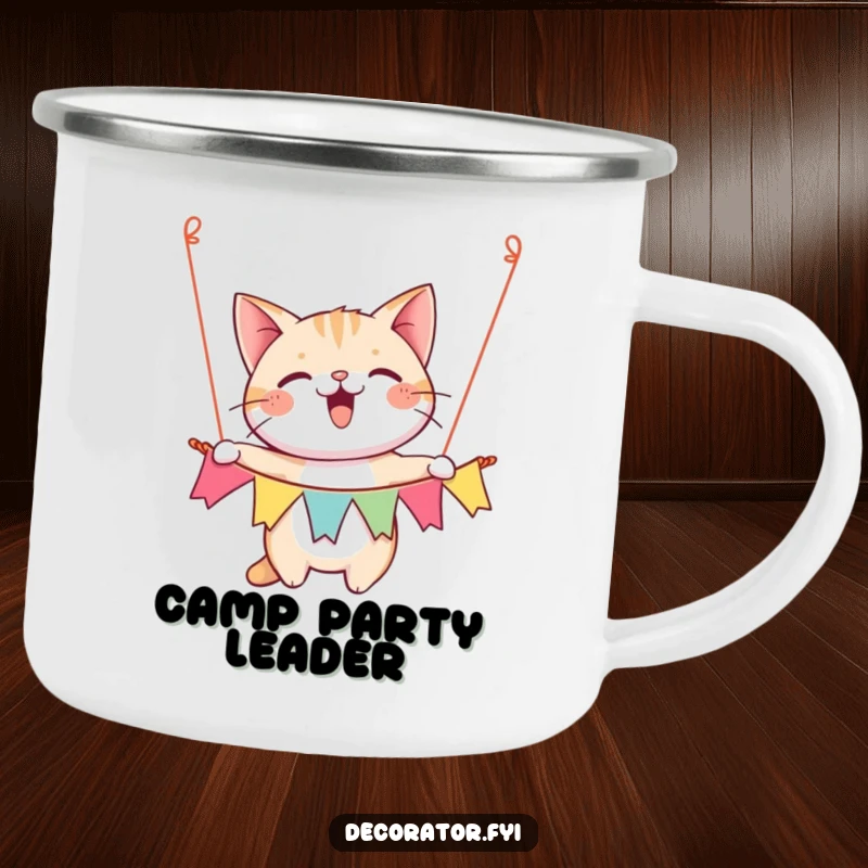 Funny camping mug with a happy cat character gleefully hanging a festive banner, perfect for outdoor celebrations.