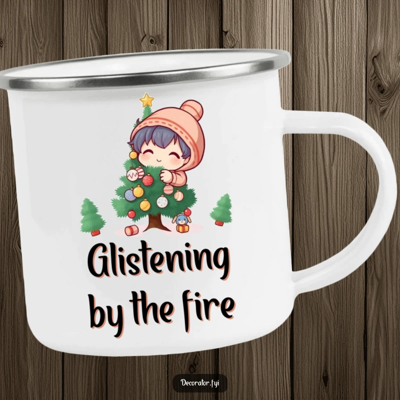Funny Camp Mug: A playful character decorates a tiny tree with glittering ornaments during a festive outdoor trip.