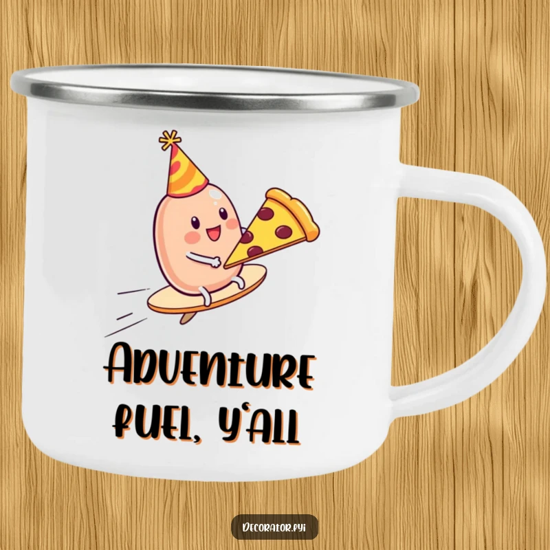 Funny Camping Mug: A wobbly jelly bean in a party hat rides a flying pizza slice, ideal for adventurous sips.