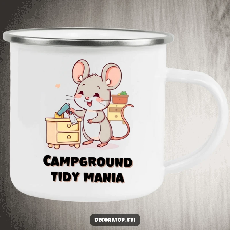 Funny camping mug with a cheerful mouse character dusting miniature furniture, rugged and full of personality.