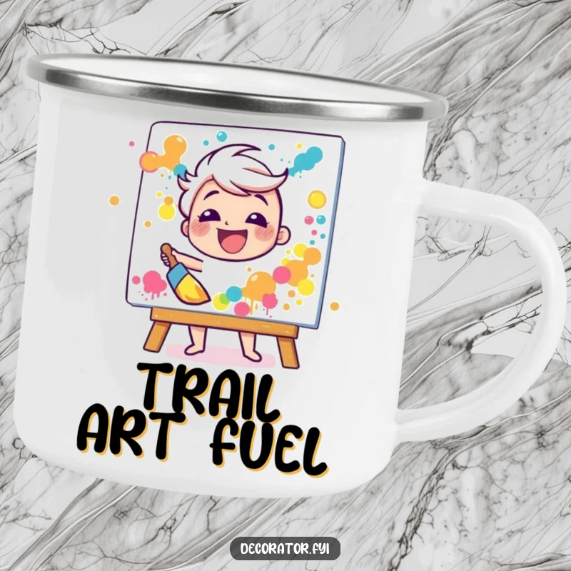 Funny camping mug featuring a happy character gleefully splattering paint onto a canvas with a broad brush, ideal for outdoor artists.