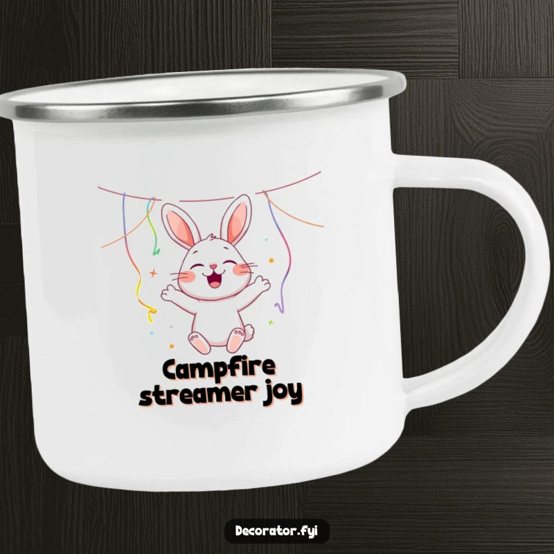 Funny happy rabbit character hanging colorful streamers with a cheerful bounce, ideal for a festive and humorous camping mug.
