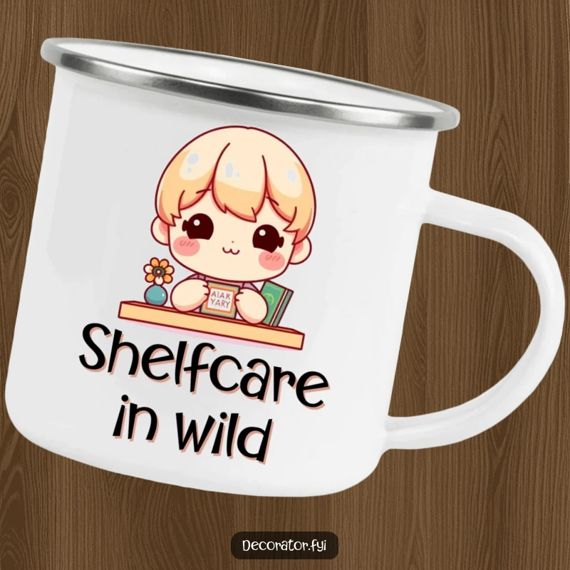 Funny Camping Mug with a cheerful character admiring a small, decorated shelf, bringing cozy vibes to camping trips.