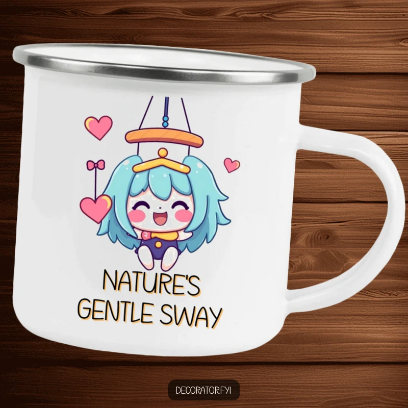 Funny Camping Mug: A joyful character hanging a whimsical, colorful mobile, ready for outdoor adventures.