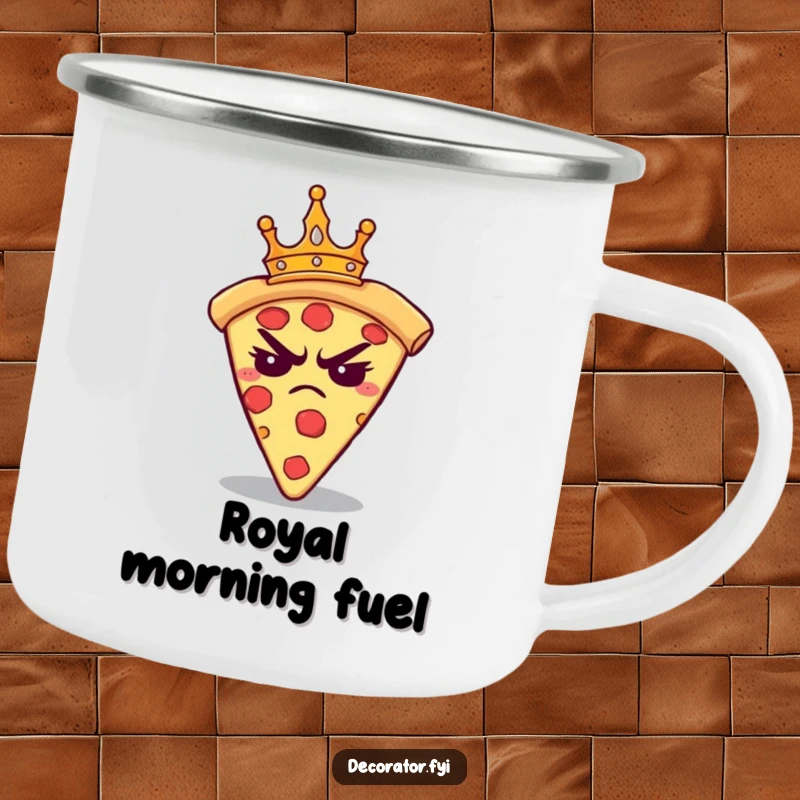 Funny camping mug showcasing a grumpy pizza slice wearing a miniature crown, looking annoyed. Outdoor humor.