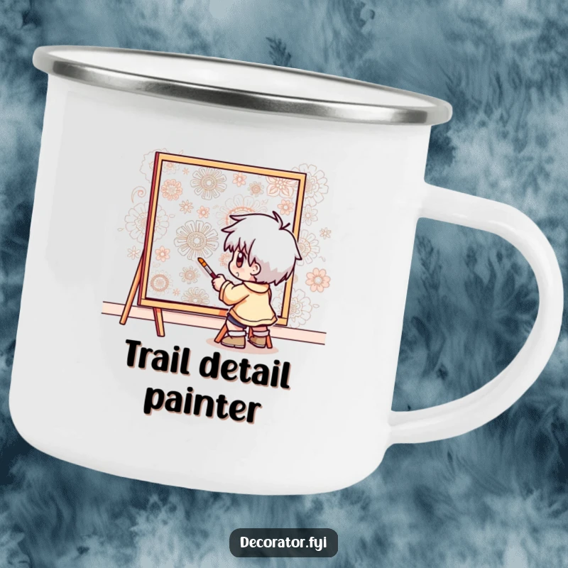 Funny camping mug featuring a determined character meticulously painting intricate patterns onto a wall, ideal for dedicated outdoor artists.