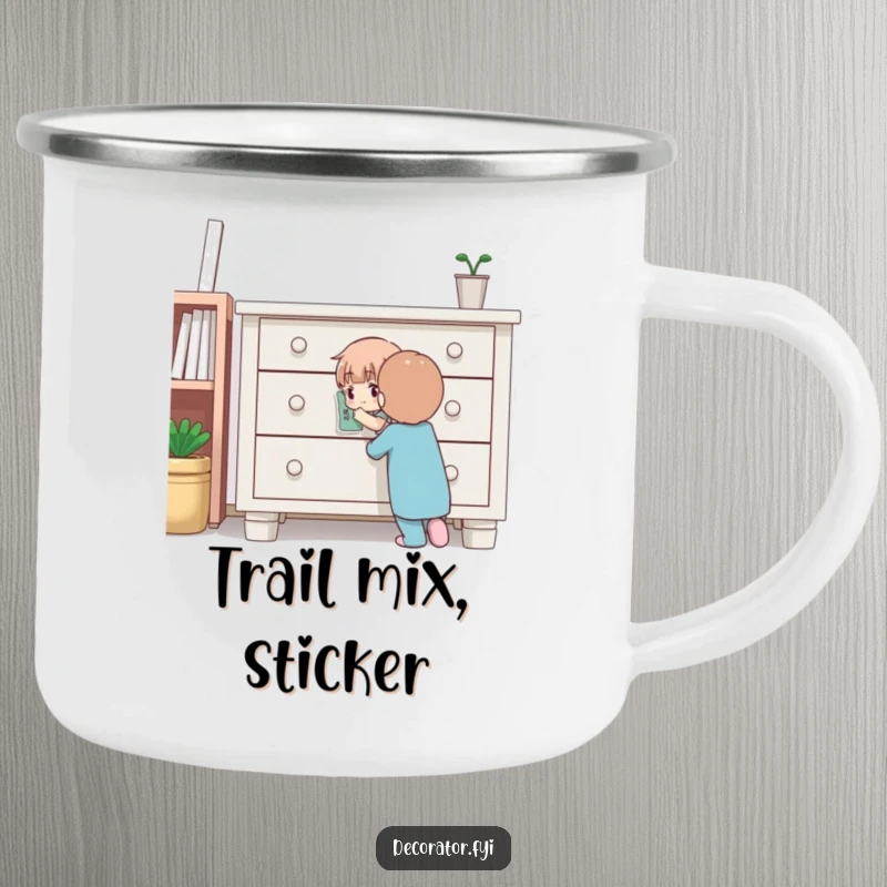 Funny camping mug illustrating a determined character carefully applying a sticker to furniture, perfect for rugged souls who appreciate meticulous work.