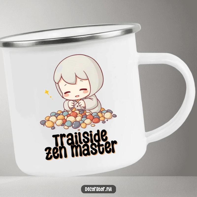 Funny camping mug featuring a content character arranging tiny decorative stones, perfect for serene outdoor enjoyment and humor.