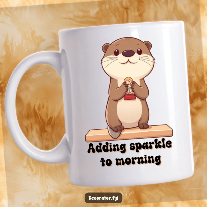 Funny mug showing a meticulous otter carefully placing a small statue onto a shelf with great concentration.
