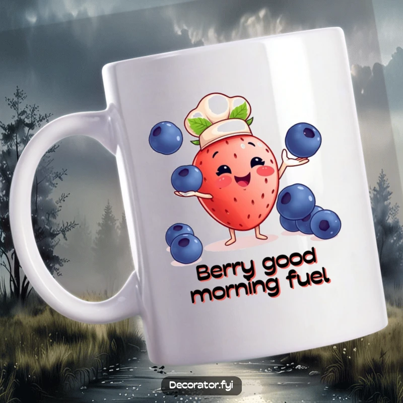 Funny strawberry chef mug: a cheerful strawberry wearing a chef hat juggles large blueberries with skill.