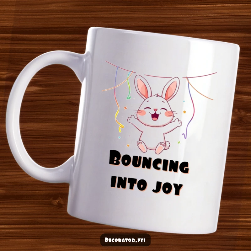 Funny joyous rabbit character happily hanging colorful streamers with a cheerful bounce, embodying party spirit for a mug.