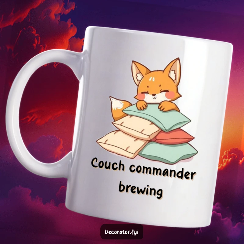 Funny mischievous fox character winking while arranging a playful pile of cushions, embodying cozy chaos for a mug.