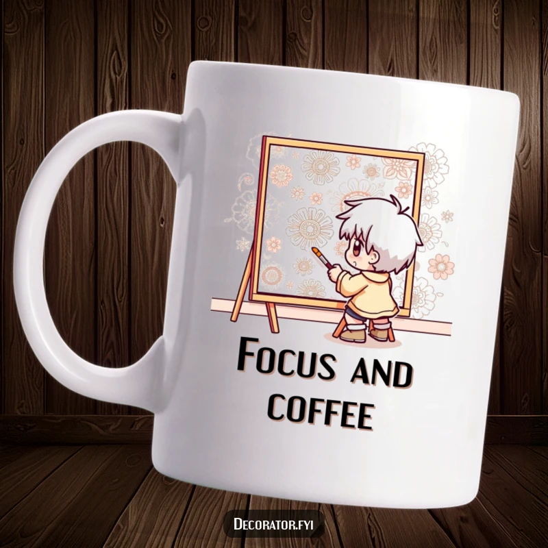 Funny mug featuring a determined character meticulously painting intricate patterns onto a wall, celebrating detailed artistry.