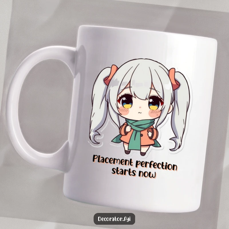 Funny mug showcasing a determined character meticulously placing a charming accent piece, highlighting their dedication to home decor with a humorous touch.