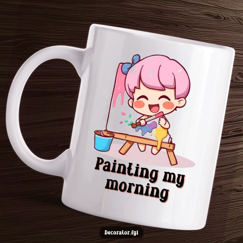 Funny artist mug with a giggling character playfully smearing colorful paint onto a canvas, expressing pure joy.