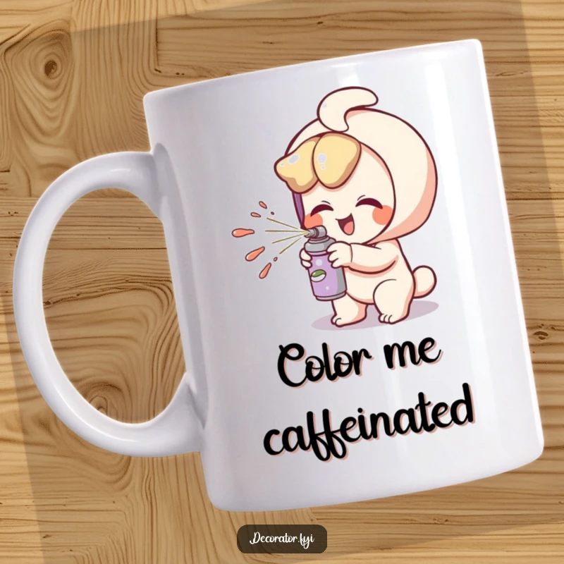 Funny mug depicts a giggling character playfully spritzing paint from a small can, celebrating artistic fun.