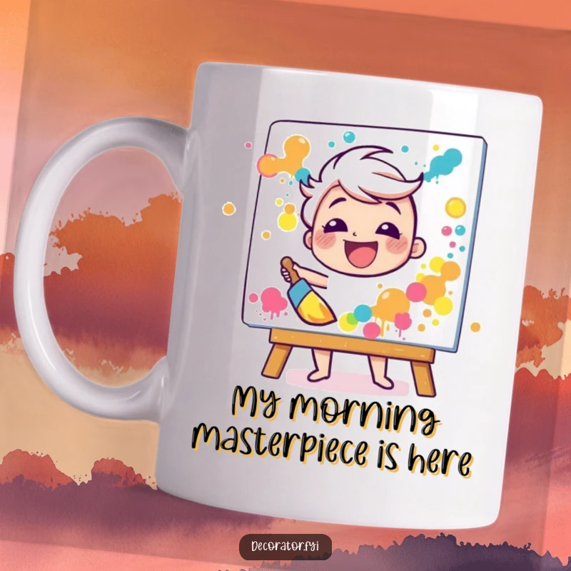Funny mug featuring a gleeful character enthusiastically splattering vibrant paint on a canvas with a large brush, celebrating messy art.