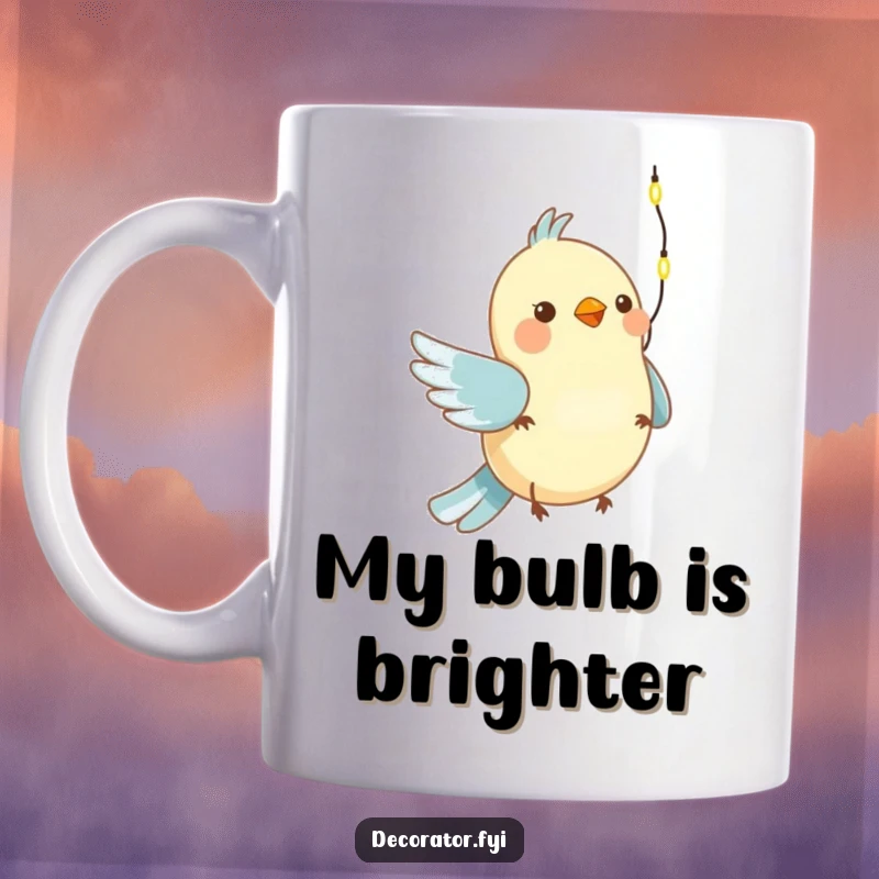 Funny mug with a happy bird enthusiastically hanging a string of tiny lights, spreading holiday cheer and festive vibes.
