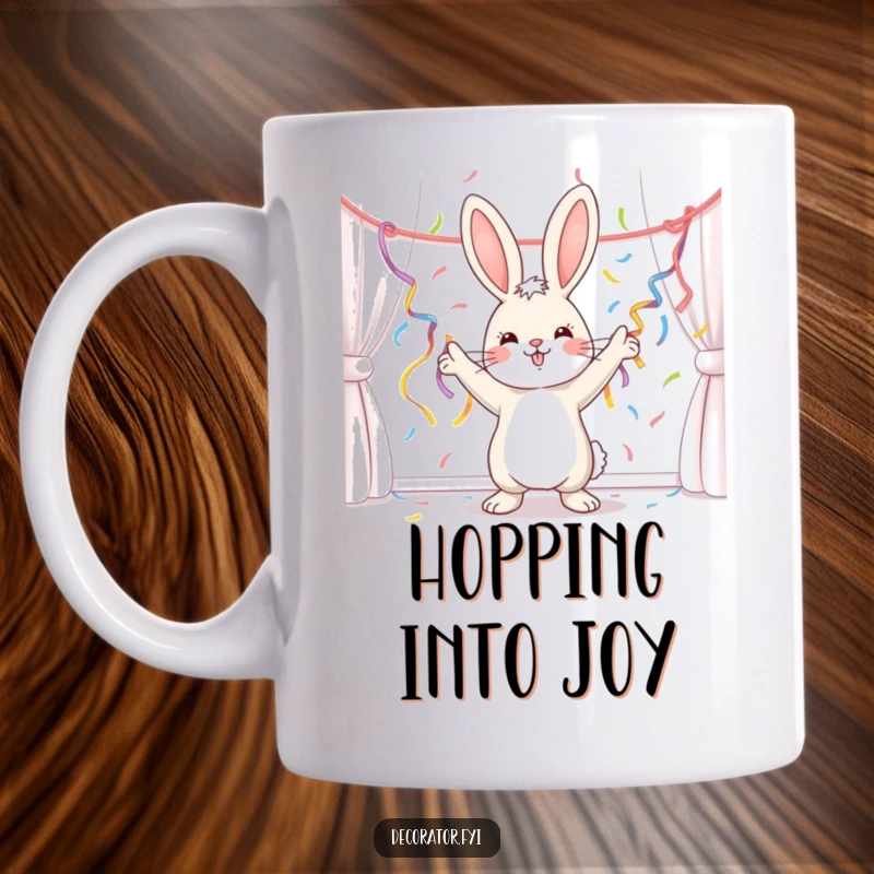 Funny bunny with an excited expression, enthusiastically hanging colorful streamers, creating a festive party atmosphere, a delightful funny gift.