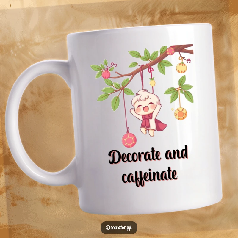 Funny mug featuring a delighted character happily hanging whimsical decorations from a branch, spreading festive joy.
