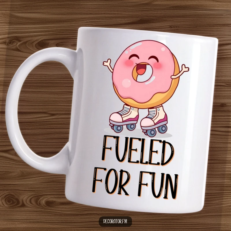 Funny mug depicting a laughing donut wobbling as it tries to put on oversized roller skates. Hilarious gift idea.
