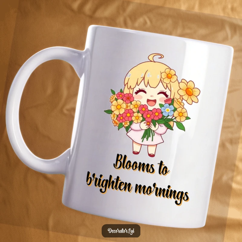 Funny Mug: A joyful character beams while arranging a beautiful, colorful bouquet of bright flowers.