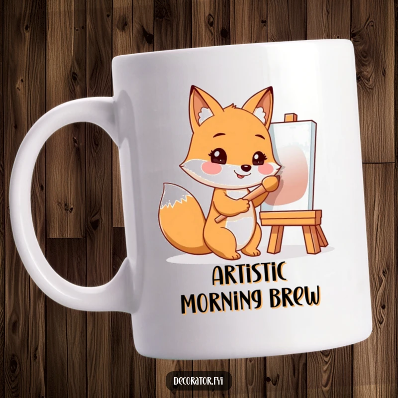 Funny mug depicting a smiling fox holding a paintbrush, looking thoughtfully at a blank canvas, ready to create.