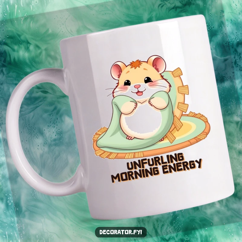 Funny mug showing a hamster happily spreading out a colorful, patterned rug with great excitement and satisfaction.