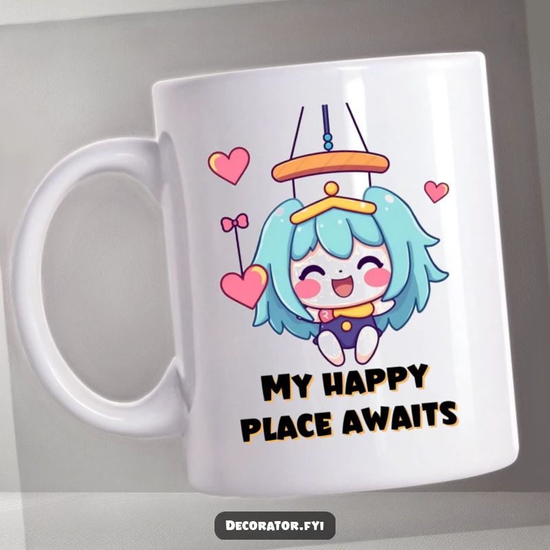 Funny Mug: A joyful character happily hanging a whimsical, colorful mobile, bringing cheer and artistic flair.