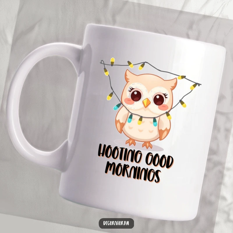 Funny owl mug, a giggling character gleefully draping twinkling lights, capturing the joy of festive decoration and holiday spirit.