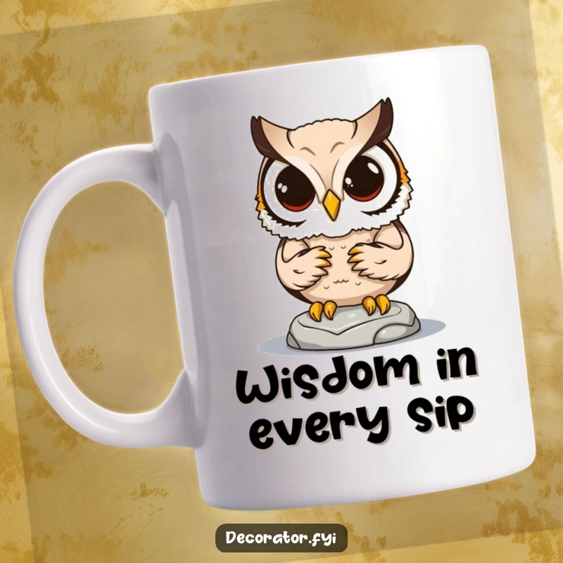 Funny mug showcasing a determined owl character with intense focus, carefully positioning a tiny statue with its beak.