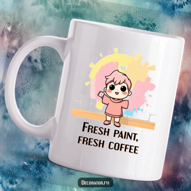 Funny mug depicting a cheerful character looking with pride at a freshly painted wall, radiating accomplishment and humorous satisfaction after a DIY project.