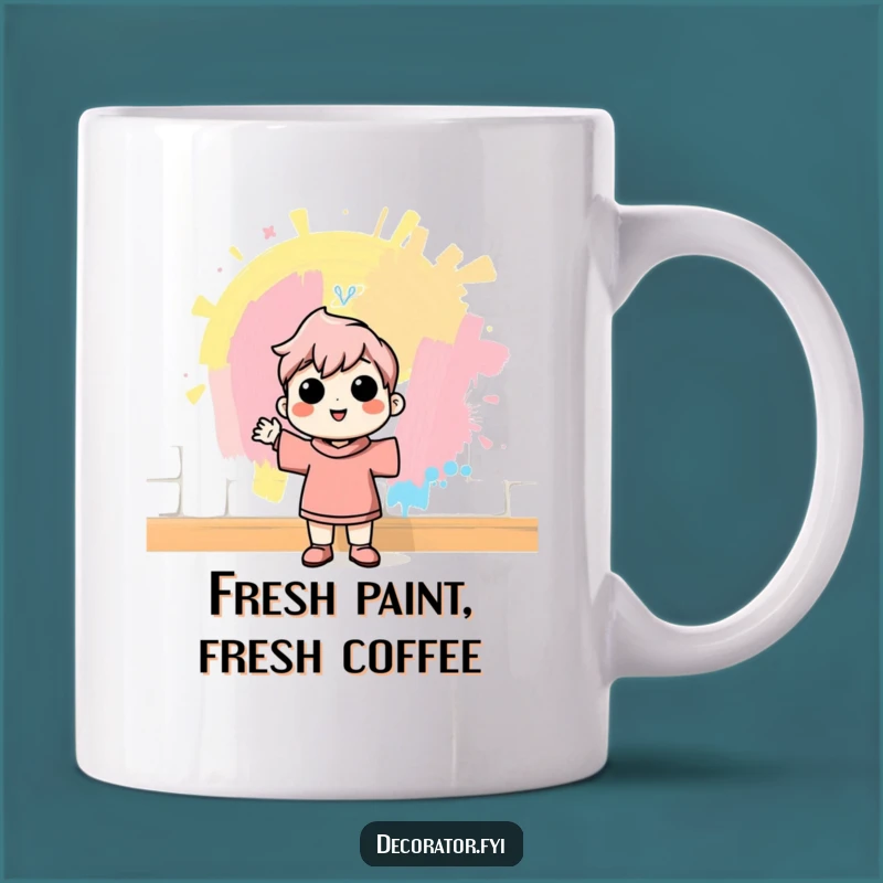 Funny Painter Mug: Cheerful Character Admiring Wall, Perfect Humorous Gift