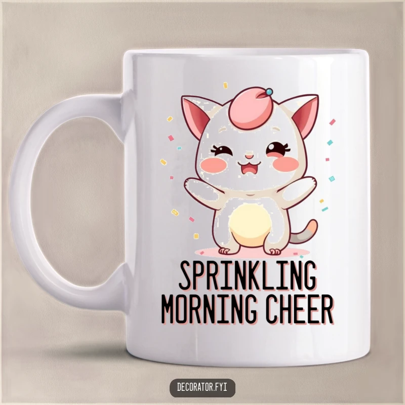 Funny mug depicting a mischievous character playfully adding a whimsical touch with confetti, capturing a humorous moment of celebration and fun.
