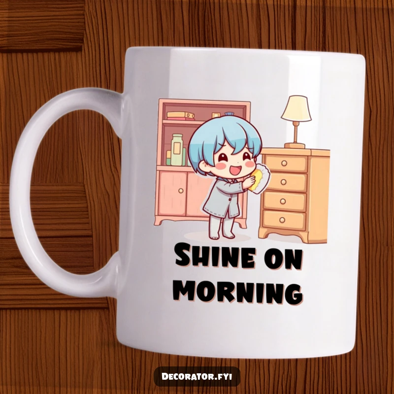 Funny, content character happily polishing a shiny piece of furniture on a clean and cheerful coffee mug.