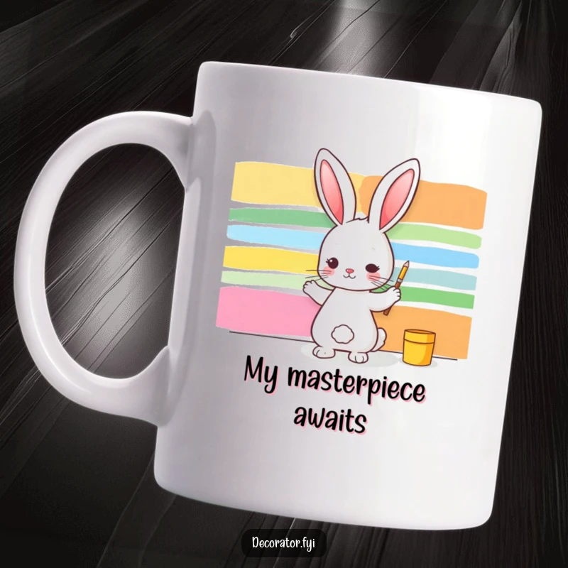 Funny mug showing a mischievous rabbit enthusiastically painting vibrant stripes on a plain wall, embracing artistic freedom.