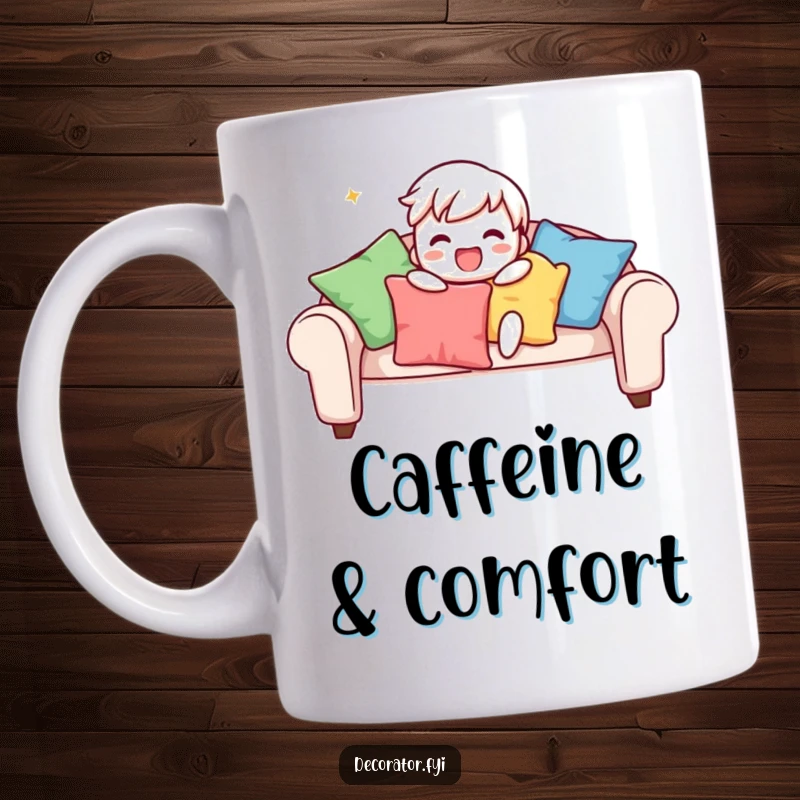 Funny mug with a playful character gleefully arranging colorful cushions on a sofa, embodying a joyous approach to interior styling.