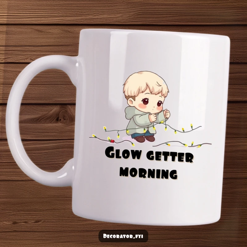 Funny Mug: Determined character intently placing tiny fairy lights on a green garland.