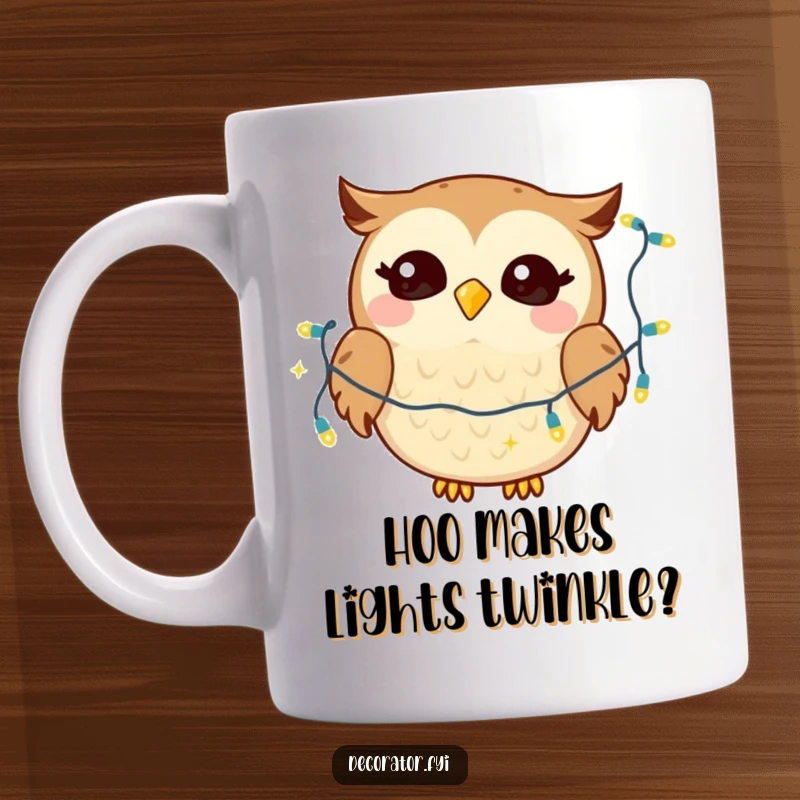 Funny mug featuring a giggling owl character gleefully draping a string of twinkling lights, spreading holiday joy.