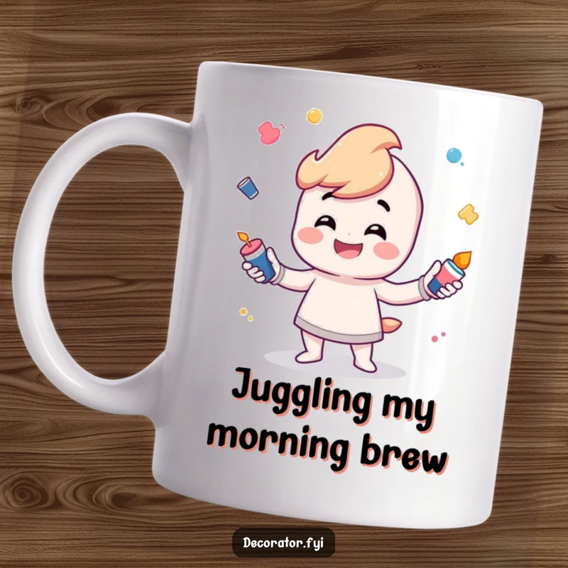 Funny Mug of a playful character with a wide grin, skillfully juggling several small, colorful paint pots.