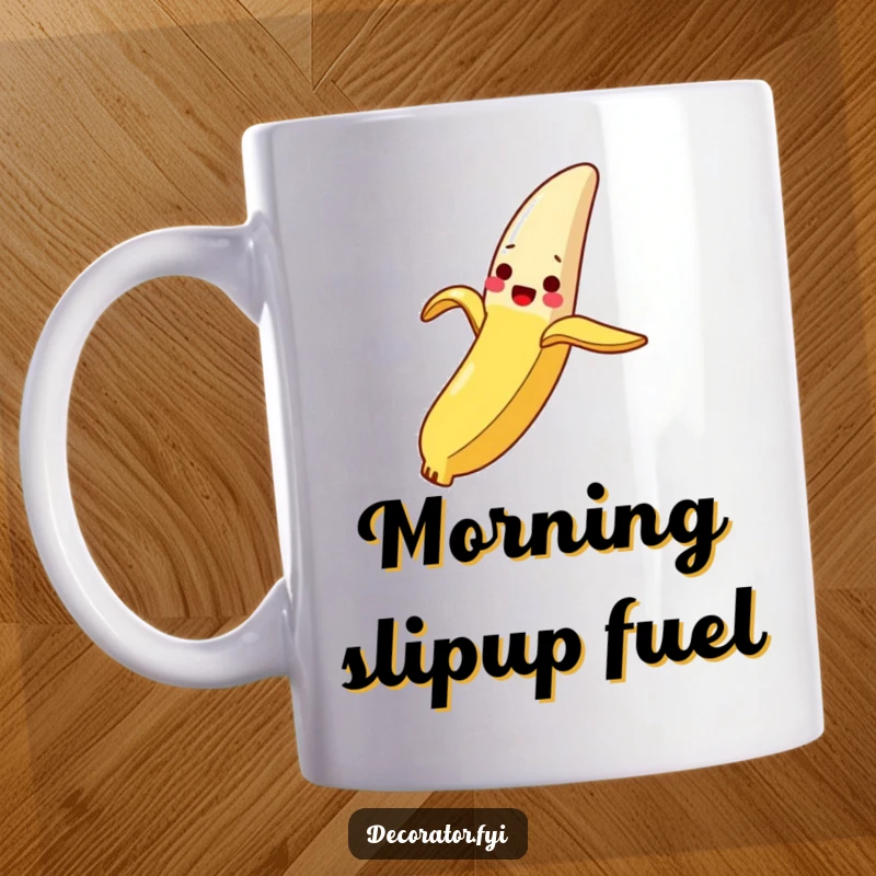 Funny Mug: A delighted banana peel slides smoothly down a slippery breadstick, embodying unexpected, comical fun.